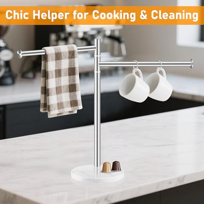 Hand Towel Holder, Stainless Steel Hand Towel Stand with Marble Base, Swivel Hand Towel Rack Standing Towel Bar for Kitchen Countertop, 2 Arms, Brushed Nickel