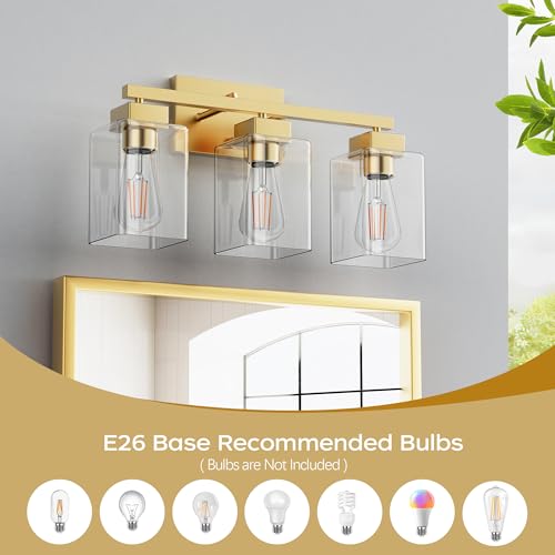 3-Light Bathroom Light Fixtures, Brushed Gold Modern Vanity Lights, Bathroom Lighting Fixtures Over Mirror, Square Design Farmhouse Wall Sconces with Clear Glass Shades - color: Brushed Gold, size: 3-Light