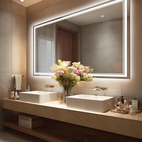 60''x36'' Lighted Mirrors for Bathroom Wall Backlit + Front Lit, Rectangular LED Bathroom Mirror Frameless with Lights Anti Fog, Dimmable, 3 Colors,Tempered Glass, Shatter-Proof (Color 1 - color: Color 1, size: 60"L x 36"W