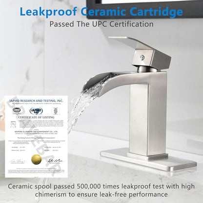 Brushed Nickel Waterfall Bathroom Faucet - Single Handle Sink Faucets Bathroom 1 Hole or 3 Hole for 4In | Modern Solid Brass Vanity Faucet with Deck Plate & Overflow Pop Up Drain - color: A-Brushed Nickel