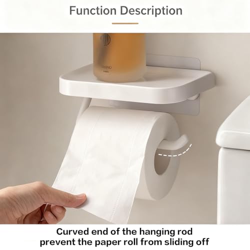 Self Adhesive Toilet Paper Holder with Shelf, No Drill Wall Mounted Bathroom Tissue Holder, Sticky TP Roll Holder with Phone Shelf for RV, White