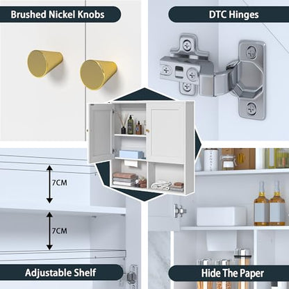 Bathroom Wall Cabinet, Medicine Cabinet with 2 Door and Adjustable Shelves,3-Tier Wood Hanging Storage Over The Toilet,White Wall Mounted Cabinet for Bathroom, Kitchen,Laundry Room