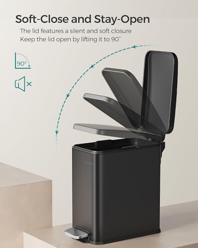 SONGMICS Bathroom Trash Can, 1.3 Gallon (5 L) Small Trash Bin with Lid, Slim for Small Spaces, Stainless Steel Garbage Can, Soft Close, Black ULTB560B05 - color: Black, style: 1.3 Gal.