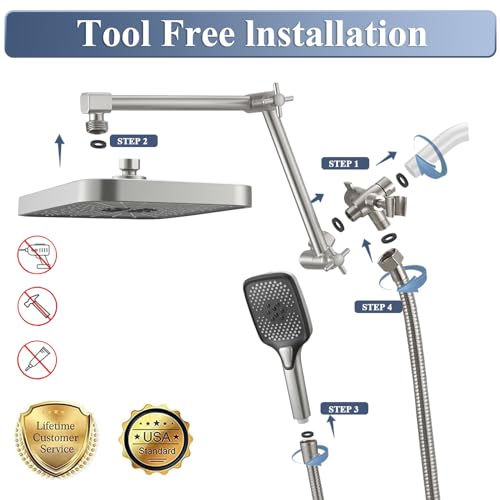 Jcrob High Pressure Wide Rain Shower Head with Handheld Spray Combo, 14 Inch Rainfall Shower Heads with Adjustable Extention Arm, Dual Waterfall Showerhead with 3-Way Diverter(Brushed Nickel) - color: Brushed Nickel, size: 14 Inch