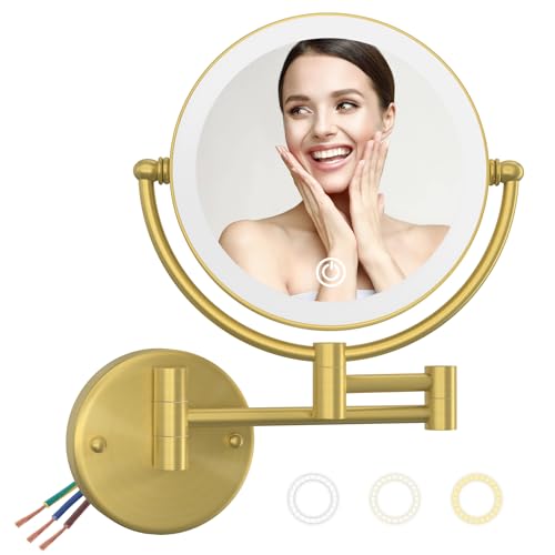 Wall Mounted Lighted Makeup Mirror with Magnification 10X, Rechargeable | 8 Inch 2 Sided, 3 Color LED, Touch Dimmable, 360 Rotatio Brass Swivel Extendable Arm, Bathroom Shaving Vanity, Brushed Gold - color: Brushed Gold