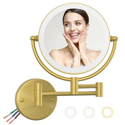 Wall Mounted Lighted Makeup Mirror with Magnification 10X, Rechargeable | 8 Inch 2 Sided, 3 Color LED, Touch Dimmable, 360 Rotatio Brass Swivel Extendable Arm, Bathroom Shaving Vanity, Brushed Gold - color: Brushed Gold