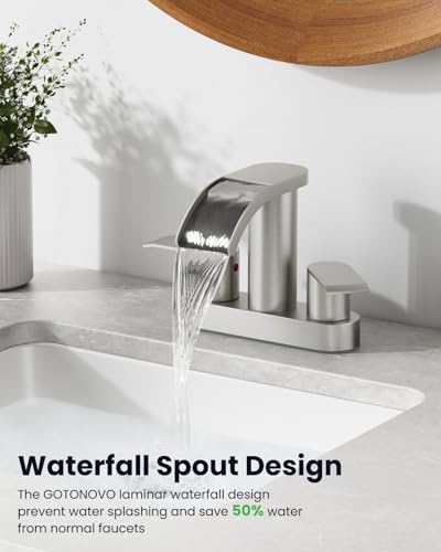 gotonovo 4’’ Centerset Bathroom Sink Faucet Waterfall Brushed Nickel | SUS304 Bathroom Faucet,2.17’’ Wide Spout,24’’ cUPC Water Line,Pop up Drain,2 Handle,Basin,Vanity,RV,Lavatory 2 or 3 Hole Sink - color: Nickel