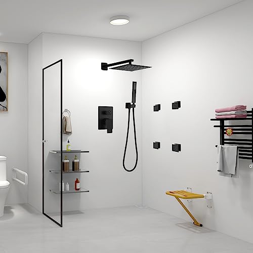 Matte Black Shower Faucet Set with Body Jets 10 Inch Matte Black Shower Head Handheld Shower Combo Set High Pressure Wall Mount with Rough-in Valve - color: Matte Black, style: 10"- 3 Function