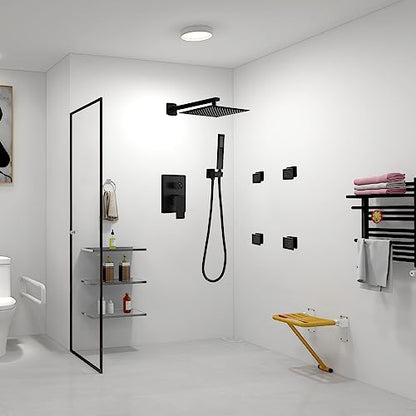 Matte Black Shower Faucet Set with Body Jets 10 Inch Matte Black Shower Head Handheld Shower Combo Set High Pressure Wall Mount with Rough-in Valve - color: Matte Black, style: 10"- 3 Function