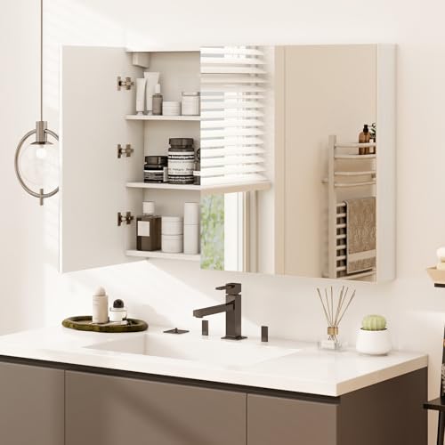 Tangkula Mirrored Medicine Cabinet, Large Wide Wall Mounted Storage Cabinet with 3 Mirror Doors, Hanging Bathroom Organizer, White, 34.5 x 5 x 25.5 Inches - size: 34.5 x 25.5 Inch
