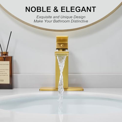 RUMOSE Bathroom Faucets 1 & 3 Hole Vanity Faucet with Drain Brushed Gold | Single Handle Bathroom Sink Faucet Set Waterfall Spout Kit with Deck Plate Rv Lavatory Basin Faucet, Stainless Steel - color: Brushed Gold