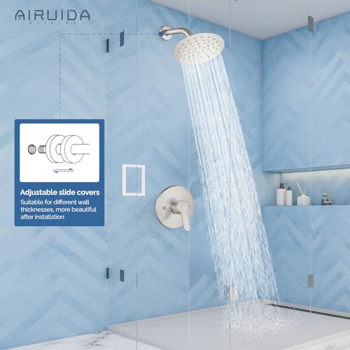 Airuida Shower Faucet Set,6 Inch Brushed Nickel Shower Trim Kit | Round Rainfall Shower Head,Single Handle,Male Threads Rough-in Valve,Wall Mount Bathroom System - color: Nickel, size: 6 Inch
