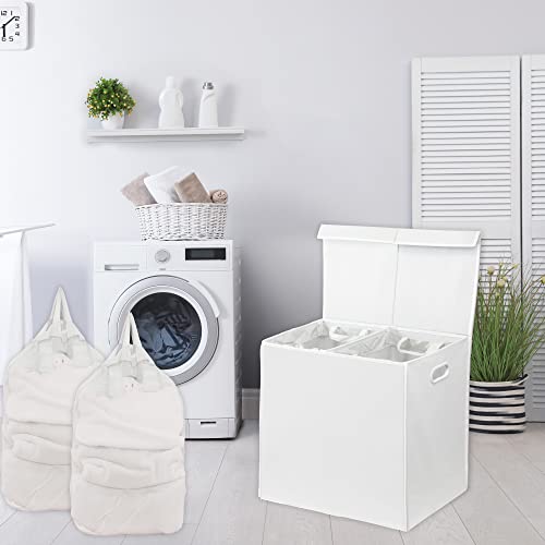 Simple Houseware Double Laundry Hamper with Lid & Removable Bags, White | Heavy Duty 600D Polyester, Water-Resistant Surface - color: White
