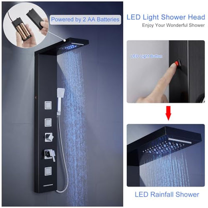 5-in-1 LED Shower Panel Tower System Stainless Steel Black | Rainfall + waterfall heads | 3 massage jets | Handheld shower | Tub spout | LED lights | Wall mount - color: Black