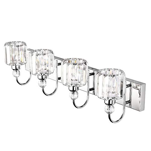 Ralbay Modern LED Crystal Bathroom Vanity Lights 4-Lights Stainless Steel Crystal Vanity Lights Over Mirror Modern Crystal Bathroom Vanity Lighting Fixtures - color: Round-Chrome, size: 4-light