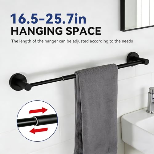 5Pcs Bathroom Hardware Set, Matte Black Bathroom Accessories Set with 24" Towel Bar, Upgraded Toilet Paper Holder with Shelf, Towel Ring & 2 Robe Hooks, Wall Mounted Stainless Steel Bath Hardware Set