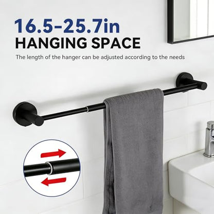 5Pcs Bathroom Hardware Set, Matte Black Bathroom Accessories Set with 24" Towel Bar, Upgraded Toilet Paper Holder with Shelf, Towel Ring & 2 Robe Hooks, Wall Mounted Stainless Steel Bath Hardware Set