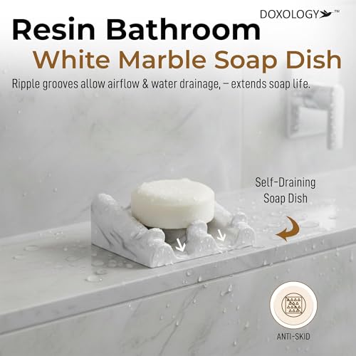 DOXOLOGY White Marble Soap Dish Bathroom Organizer - Resin Soap Dish with Rectangular Design 3.7" L x 2.8" W - Self Draining Soap Dishes Keeps Countertop Neat - Marble Look Soap Tray for Sink