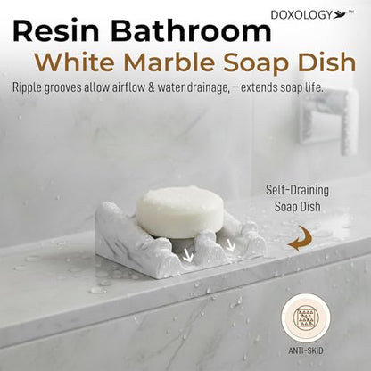 DOXOLOGY White Marble Soap Dish Bathroom Organizer - Resin Soap Dish with Rectangular Design 3.7" L x 2.8" W - Self Draining Soap Dishes Keeps Countertop Neat - Marble Look Soap Tray for Sink