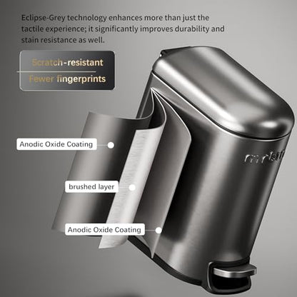 MRBIN Stainless Steel Slim Bathroom Trash Can with Lid, 6L / 1.6Gal Step Narrow Waste Basket Covered Odorless Dustbin with Inner Bucket for Bedroom, Kitchen, Vanity, Office, Eclipse-Grey - color: Eclipse Grey - 1.6 Gallons, style: Arc Lid