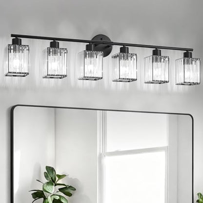6 Light Bathroom Light Fixtures, Modern Crystal Vanity Lights over Mirror | Metal Frame, Bathroom Light with Square Crystal Shade, ETL Certified, E26 Ceramic Socket, Bulbs Not Included - color: Black, size: 6-Light