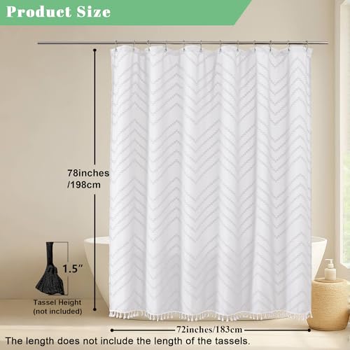 White Fabric Shower Curtain, Boho Shower Curtains for Bathroom Chic Tufted Chevron Striped Textured with Tassel, Soft Hotel Style Farmhouse, Machine Washable, 72x78, White - color: White, size: 72"W x 78"L (Pack of 1)