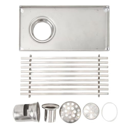 304 Stainless Steel Linear Shower Drain 8 Inch Long 20x10 cm Rectangular Floor Grate for 50 mm Pipe Middle Outlet (Side Drain) - size: Side Drain