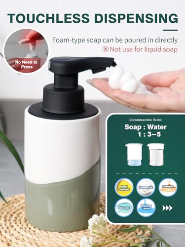 BosilunLife Automatic Soap Dispenser Ceramic Hand Free Soap Dispenser with Waterproof Pump Rechargeable Smart Electric Lotion Soap Dispenser Touchless (White-Green, Foam Pump) - color: White-green(foam)
