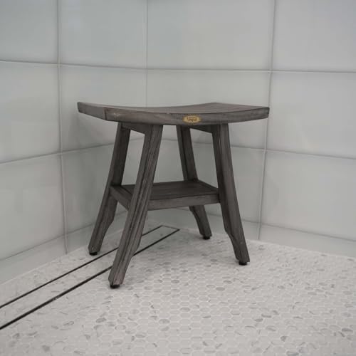 CoastalVogue Satori 18" Gray Teak Shower Bench with Curved Seat | Waterproof teak shower stool features adjustable non-slip feet for secure use on wet or uneven shower floors - size: 18x12x18, style: Shelf
