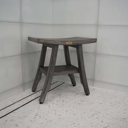 CoastalVogue Satori 18" Gray Teak Shower Bench with Curved Seat | Waterproof teak shower stool features adjustable non-slip feet for secure use on wet or uneven shower floors - size: 18x12x18, style: Shelf