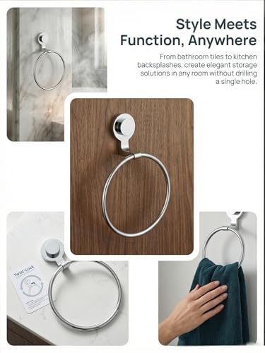 Suction Cup Hand Towel Holder for Bathroom, Silver | Stainless Steel, Wall Mounted, No Drilling, Removable Hand Towel Ring for Bathroom, Kitchen