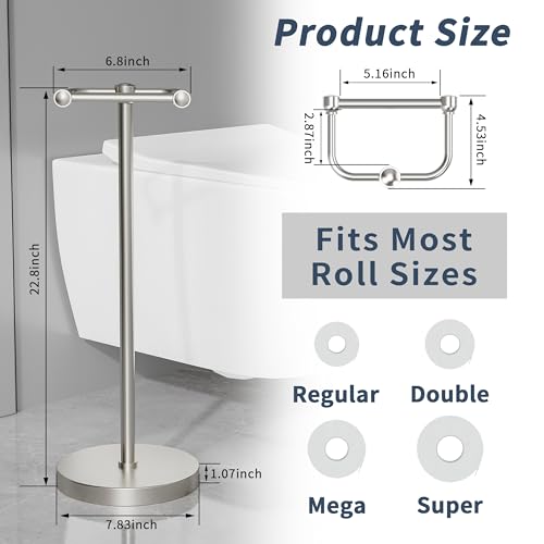 RARXTR Toilet Paper Holder Stand, Post Pivoting Design Free Standing Toilet Paper Holder, SUS304 Stainless Steel Toilet Paper Roll Holder, Heavy Stable Base (Brushed Nickel) - color: Brushed Nickel, size: Free Standing