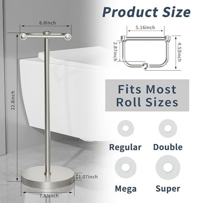 RARXTR Toilet Paper Holder Stand, Post Pivoting Design Free Standing Toilet Paper Holder, SUS304 Stainless Steel Toilet Paper Roll Holder, Heavy Stable Base (Brushed Nickel) - color: Brushed Nickel, size: Free Standing