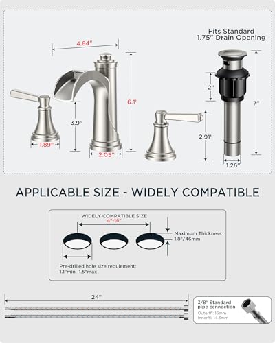 FORIOUS Brushed Nickel Bathroom Faucet Waterfall 3 Hole, 8 in Spread Faucet | Widespread Polished Nickel Faucet Bathroom 3 Hole for 4"-12" Sinks, Silver Bathroom Sink Faucet 3 Hole Vanity and Metal Drain - color: Brushed Silver