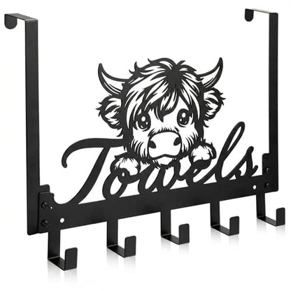 Kathfly Highland Cow Over the Door Hooks Highland Cow Towel Hooks Heavy Duty Hanging Towel Rack Over Door Hanger, 5 Coat Hanger for Bedroom Bathroom Kitchen, Black - color: Black, style: Highland Cow