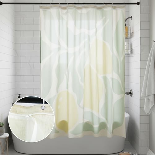 Yellow Lemon and Green Leaves Linen Shower Curtain Set with Liner | Double Layer Shower Curtain Waterproof Fabric with Zippered Removable PEVA Liner,Boho Shower Curtain for Bathroom,Free Hooks - color: Citrus