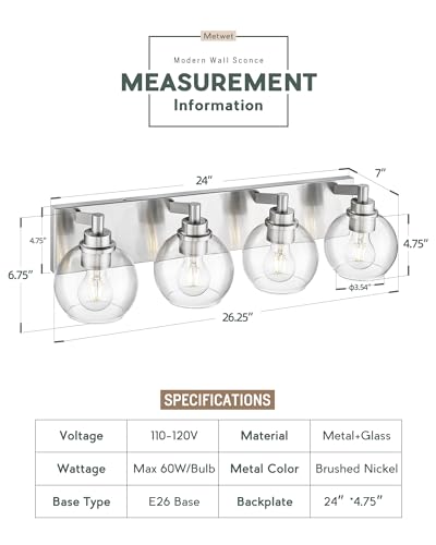 4-Light Brushed Nickel Bathroom Vanity Light, Clear Glass Globes | 26" modern bathroom light fixtures over mirror, E26 base, bulbs not included, VL195-BN-CL-4 - color: Brushed Nickel, Clear Glass, size: 4-light