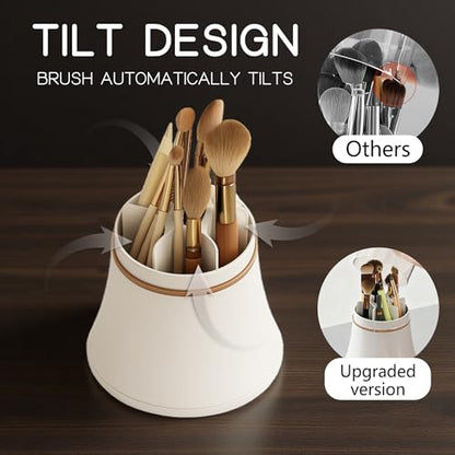 Makeup Brush Holder with Lid Cosmetic Tools Organizer 360 Rotating Waterproof Dustproof Make Up Brushes Storage for Vanity Bathroom Countertop - color: Green slender