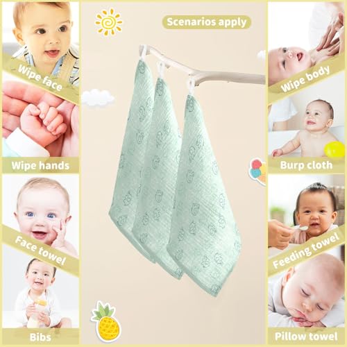 Baby Cute Elephants Muslin Washcloths 3 Pack - Muslin Burp Cloths Hanky Large 11.8"X11.8" Extra Soft Absorbent Baby Burp Rags for Newborn 100% Cotton for Boys Girls Gift - size: one sizex3