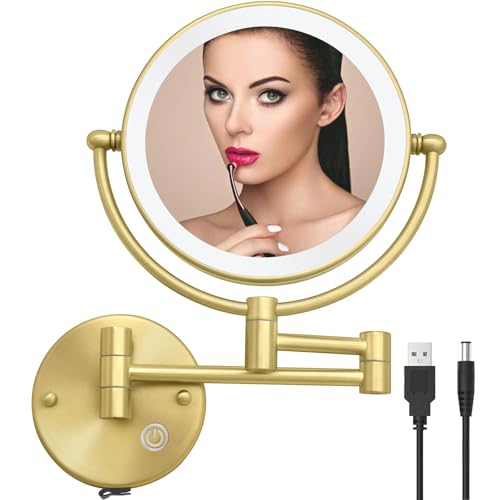 8 Inch Brass Rechargeable Lighted Wall Mounted Makeup Mirror Gold, 1X/5X Double Sided Vanity Mirror with Light and Magnification, 360 Swivel Extendable Shaving Mirror, Brushed Gold - color: Brushed Gold