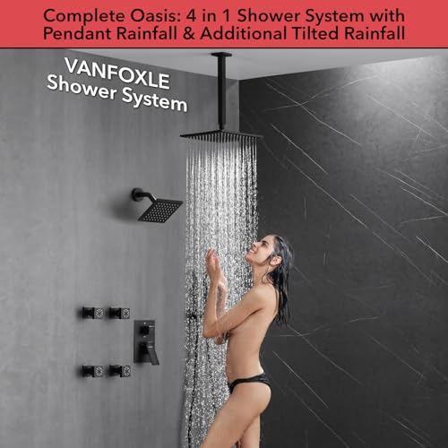 VANFOXLE Shower System, Matte Black Shower Faucet Set, Four Modes | 10 Inch Ceiling Mount Head Increased Thick, 6 Inch Second Head, 2-in-1 Handheld Combo, 4 PCS Dual Mode Body Jets, Brass Valve - color: Matte Black