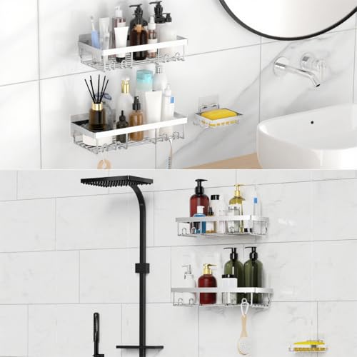 Moforoco 3-Pack Shower Caddy Basket Shelf with Soap Holder, No Drilling Traceless Adhesive Shower Wall Shelves, Rustproof Black Bathroom Shower Storage Organizer - color: Silver