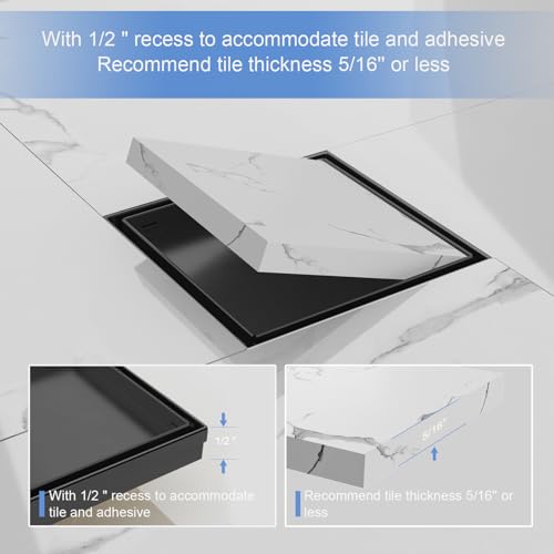 6 Inch Square Shower Drain-Matte Black, with Tile Insert Grate | AISI 304 Stainless Steel Shower Drain, Shower Floor Drain with Hair Catcher, Fits Bathroom, Balcony - color: Matte Black, size: 6 Inch