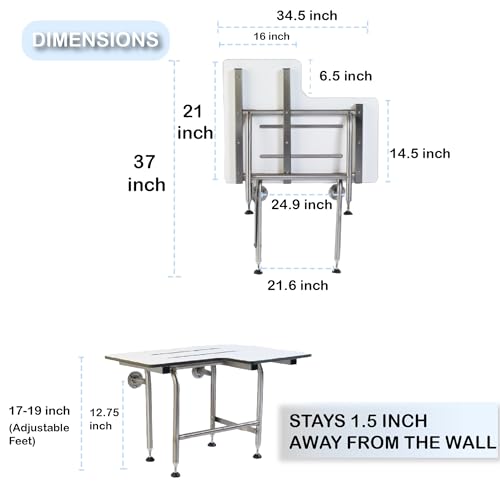 Shower Seat Resin With Legs, ADA Heavy Duty Shower Chair For Inside Shower 600lbs | 304 Stainless Steel | Shower Chair For Elderly And Disabled | Folding Shower Seat Wall Mounted | 34.5”x21” Left Hand - size: 34.5" x 21" Left Hand