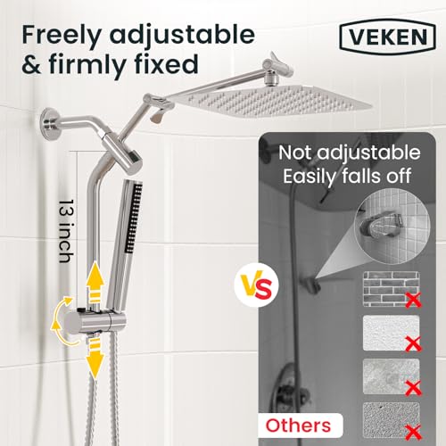 Veken 10" Luxurious Rain Shower Head with Handheld, High Pressure Rainfall Shower Heads wih Extension Arm, Wide Dual Showerhead with Spray Combo, Bathroom Accessories, Chrome, Silver - color: Chrome