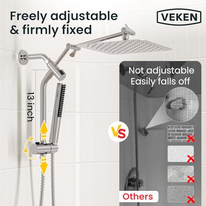 Veken 10" Luxurious Rain Shower Head with Handheld, High Pressure Rainfall Shower Heads wih Extension Arm, Wide Dual Showerhead with Spray Combo, Bathroom Accessories, Chrome, Silver - color: Chrome