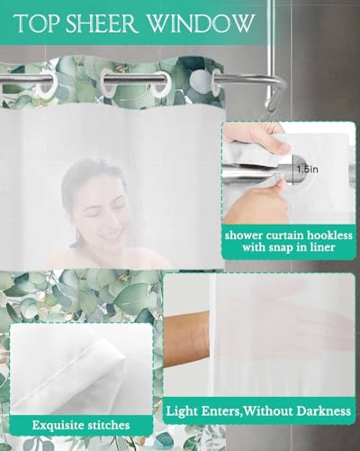 No Hook Shower Curtain and Snap in Liner Set, Green Eucalyptus Fabric Bathroom Stall Shower Curtains 48x72, See Through Mesh Top Window, Spring Summer Botanical Floral Leaves Country Hotel Style - color: Green, size: 48"W x 72"L (Pack of 1)