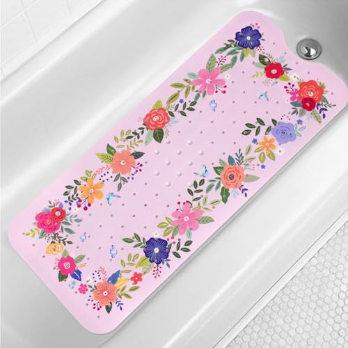 Pink Floral Bathtub Mat Non Slip for Kids 40x16in Extra Long Anti Slip Flower Bath Mat for Tub Bath Shower Mat with Large Drain Holes and Suction Cups Quality Modern Art Plant Design Bathroom Decor - color: Pink Floral, size: 40" x 16" (Rectangular)