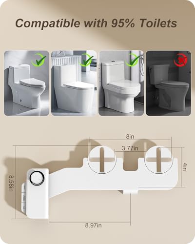 Ultra-Slim Bidet Attachment for Toilet Dual Nozzles Feminine & Rear Wash Bidet Toilet Seat Attachment Non Electric Self Cleaning Adjustable Water Pressure, Rear Wash (KB001)