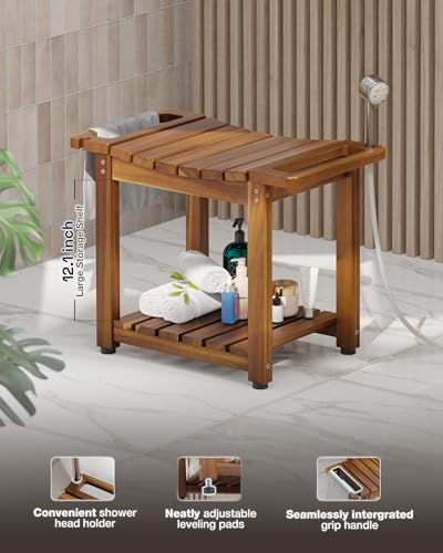 Bluewest 23.4 Inch Shower Bench with Storage Shelf, Natural Wood and Handle | Waterproof Bathroom Spa Bench for Sitting Inside the Shower and Shaving Legs, with a Built-In Handle and Shower Head Holder. - size: 2 Tier - Natural